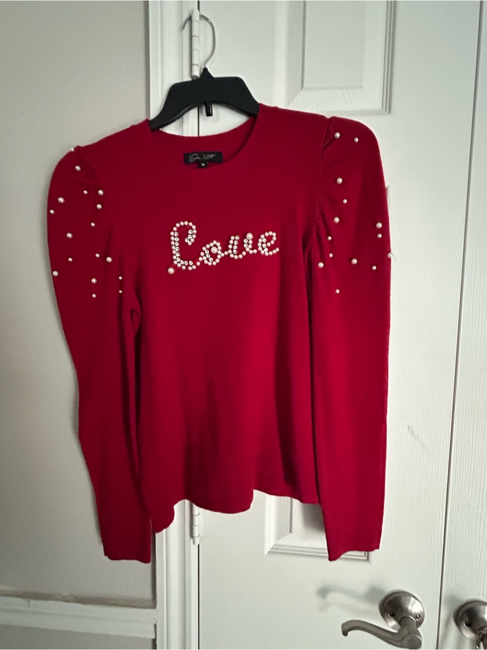 Love Pearl-Embellished Red Sweater Top